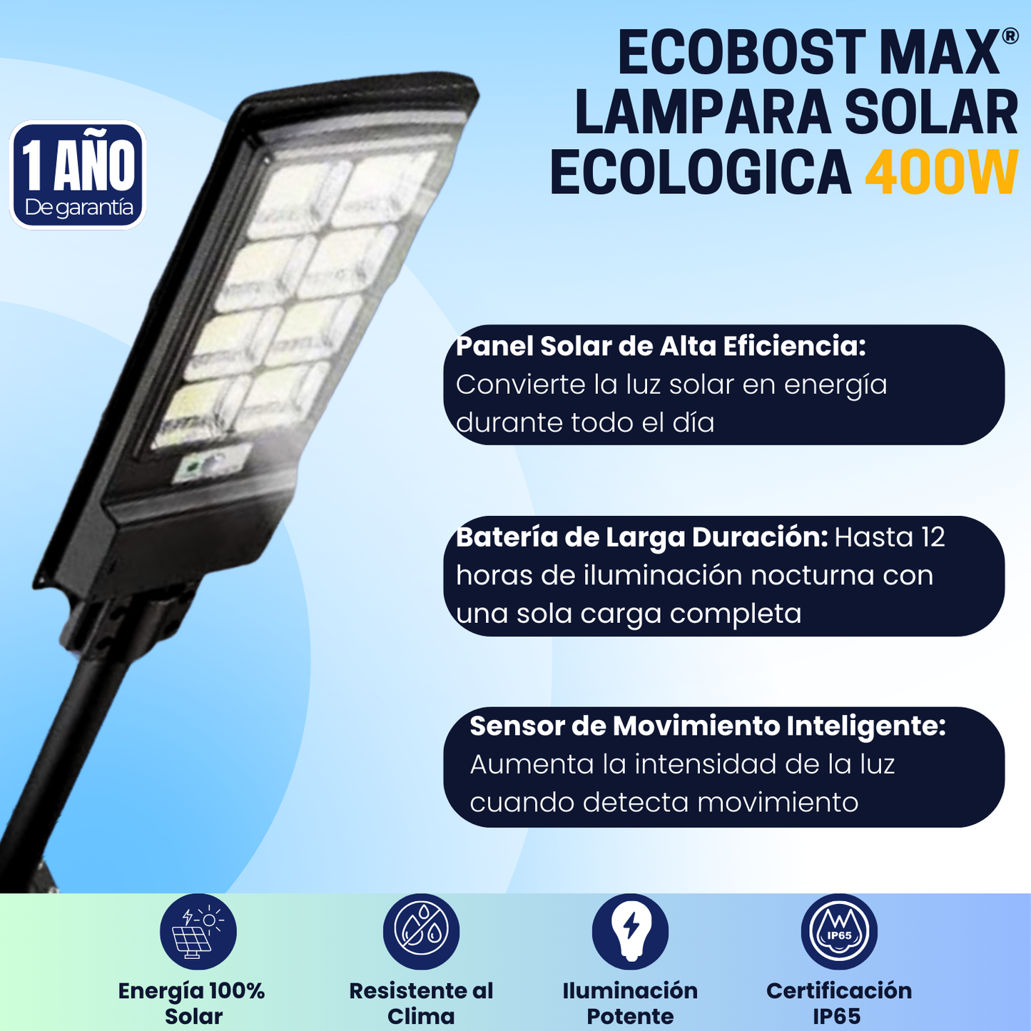 EcoBost Max®  Lampara Solar Ecologica 400W.