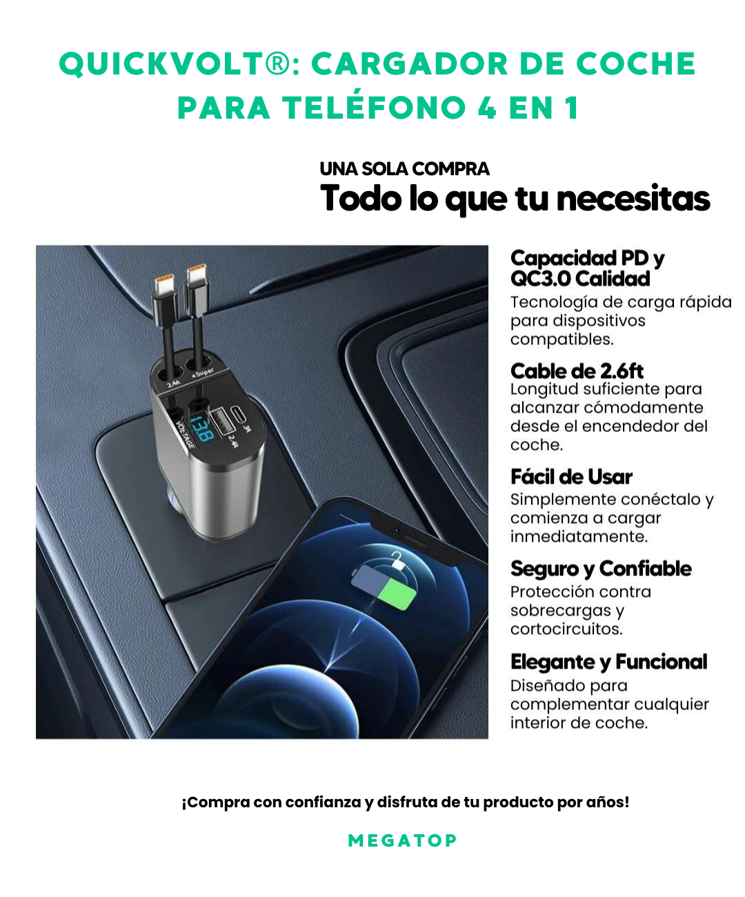 QuickVolt®  Cargador De Coche Para Teléfono 4 En 1